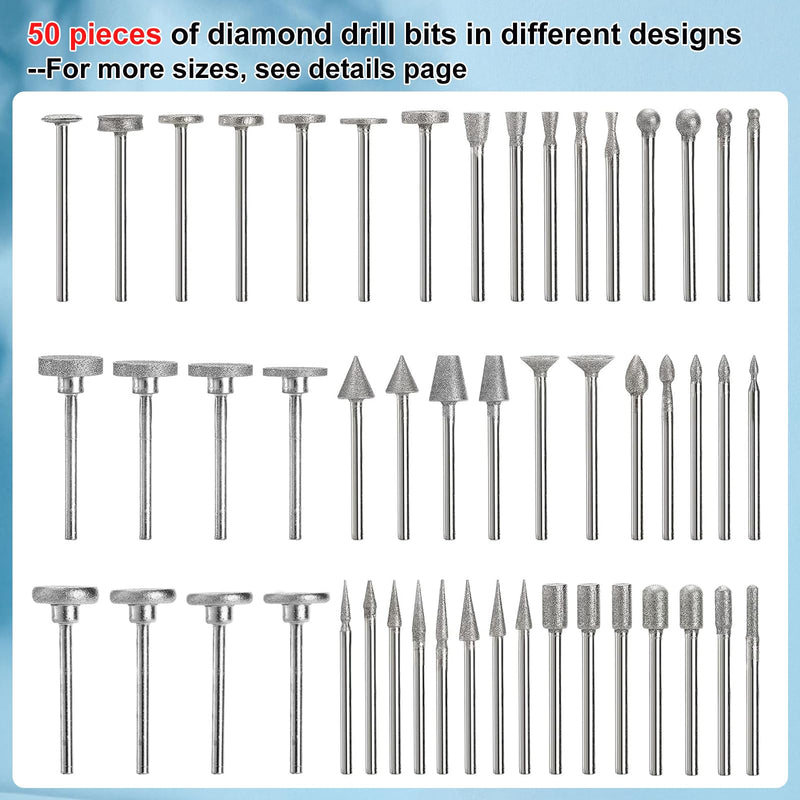 CNQLIS 50 Pcs Diamond Burr Set Coated Grinding Stone Carving Bits, Diamond Bits for Dremel Rotary Tools Big Head