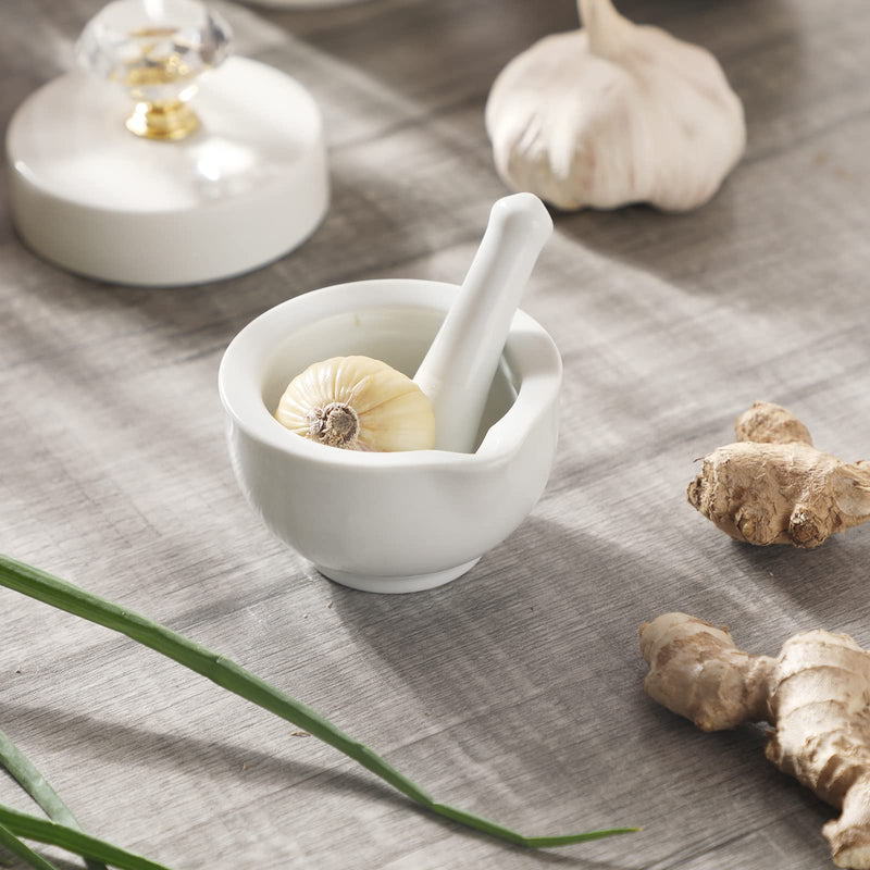 ONTUBE Mortar and Pestle Set, Ceramic Stoneware Spice Herb Grinder Pill Crusher Set (3.2 Inch) White