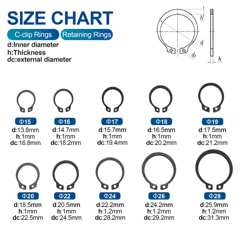 NINDEJIN Snap Ring Shop Assortment, 145PCS External Retaining Rings 15-28mm (0.59''-1.1'') Carbon Steel Snap Retaining C Clip Rings Kit for Grooved Shafts, Studs, and Other Moving Parts 145PCS (15-28mm)