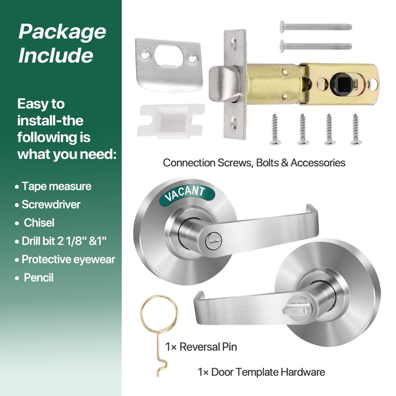 Privacy Indicator Lever Lock Inuse or Vacant, Occupied Bathroom Door Handle, Commercial Door Knob Perfect for Office Buildings,Gyms, Warehouse (Satin Chrome) Satin Chrome