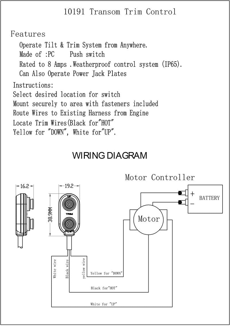 Pactrade Marine Boat Tilt Trim Switch - Black Push Button Transom Trim Control Rating 8A IP65 PC Push Switch Suitable for Boats, Fishing, Yachts, Ships