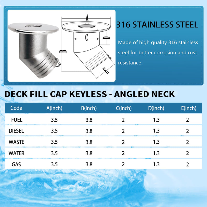 SHENGHUISS Boat Water/Diesel/Gas/Fuel Deck Fill/Filler 2 Inch(50mm) with Keyless Cap 316 Stainless Steel Boat Deck Hardware for Boat, Yacht, Caravan B-60°-Gas