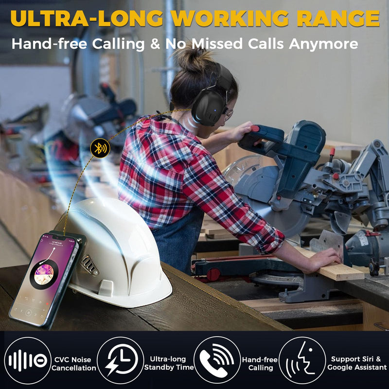 Bluetooth 6.0 Hearing Protection with 120H Working Time, 30dB Safety Earmuffs, Rechargeable Ear Protection Headphones with Mic for Mowing, Workshops, Construction, Snowblowing, Black