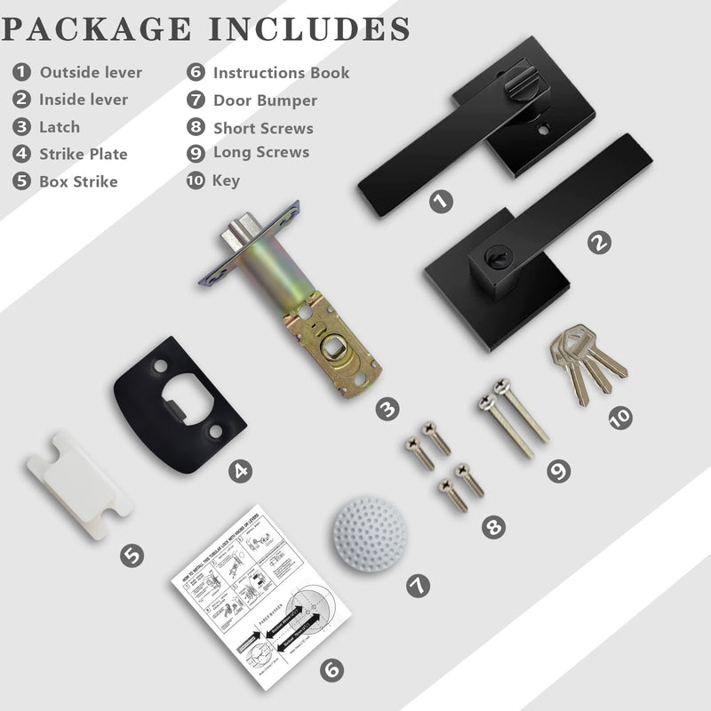 Matte Black Door Handle Heavy Duty, Keyed Alike Entry Door Lever, Door Knobs with Lock and Key, Square Door Lever for Bedroom, Bathroom and Front Door 1 Pack Matte Black