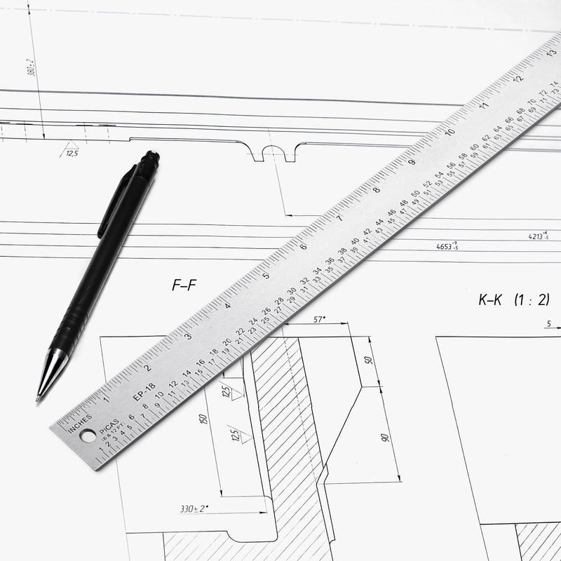 Copkim 3 Pcs 18 Inch Picas Pole Metal Ruler with Inch and Picas Stainless Steel Ruler with Non-Slip Rubber Back for Architects, Engineers, and Drafters