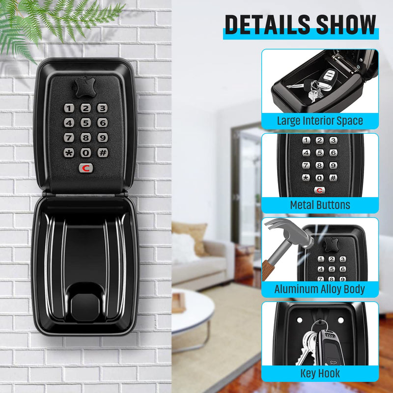 Key Lock Box for Outside, Sturdy Waterproof Wall Mount Lock Box for House Key, 12-Digit Combination Resettable Large Capacity Security Lockbox for Home, Garage, Office, Warehouse Black