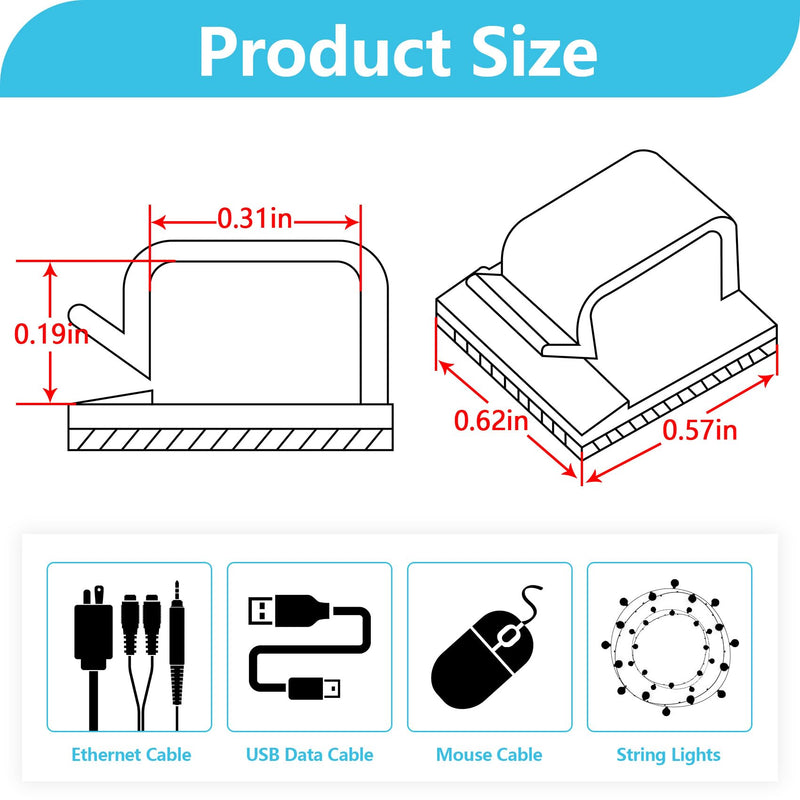 100PCS Cable Clips, Adhesive Wire Clips Organizer Cord Clips Management, Cable Staples Outdoor Strong for Wall, Desk, Christmas Lights, String Lights, TV PC Ethernet Cable, Clear Small