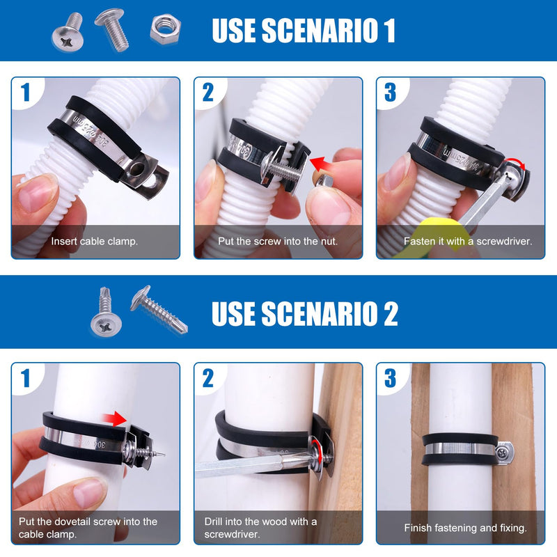 Twidec/50PCS 1/4 Inch Cable Clamp 304 Stainless Steel Rubber Coated Cushion Pipe Clamps,Metal Clamp,With Metal Rubber Clips For Automotive Wire Tube Pipe Clamps N-056-1/4