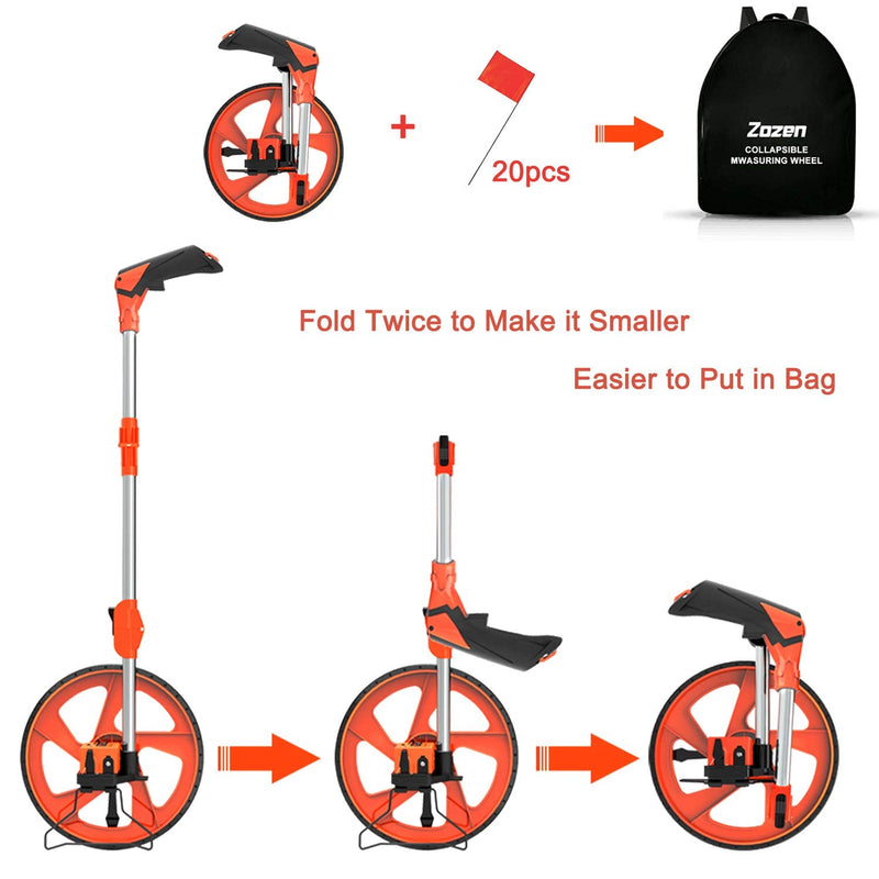 Zozen Distance Measuring Wheel with Marking Flags, Measure Wheel in Feet and Inches, Collapsible | Mechanical | One Key to Reset | Kickstand to Keep Stand | Starting Point Arrow and Carrying Bag.