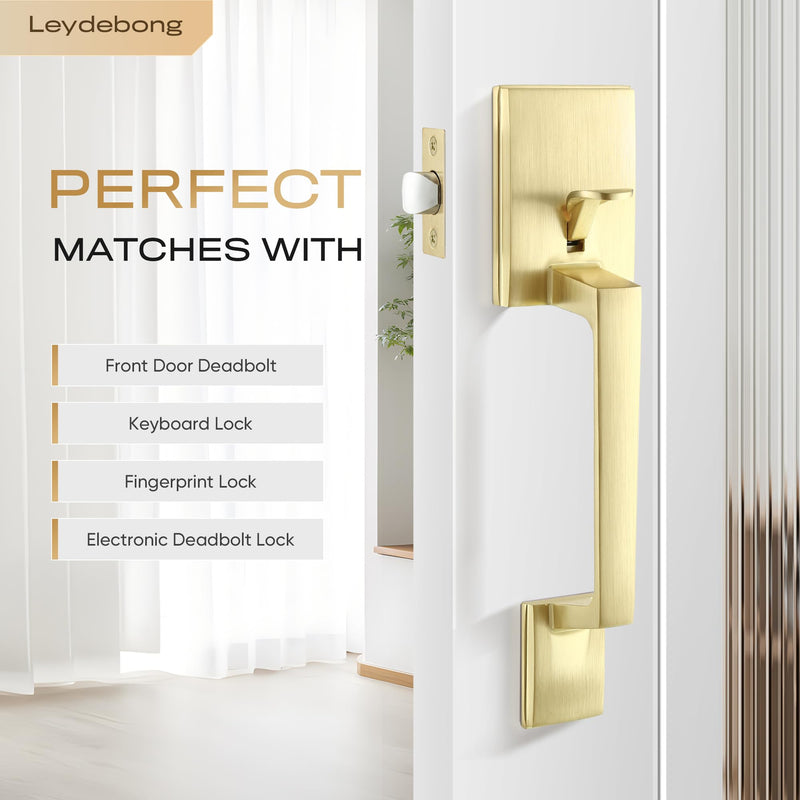Leydebong Brushed Brass No Lock Front Door Handle Set with Reversible Lever - Exterior Door Handle Set for Right or Left Handed Doors, Front Door Handle Satin Brass