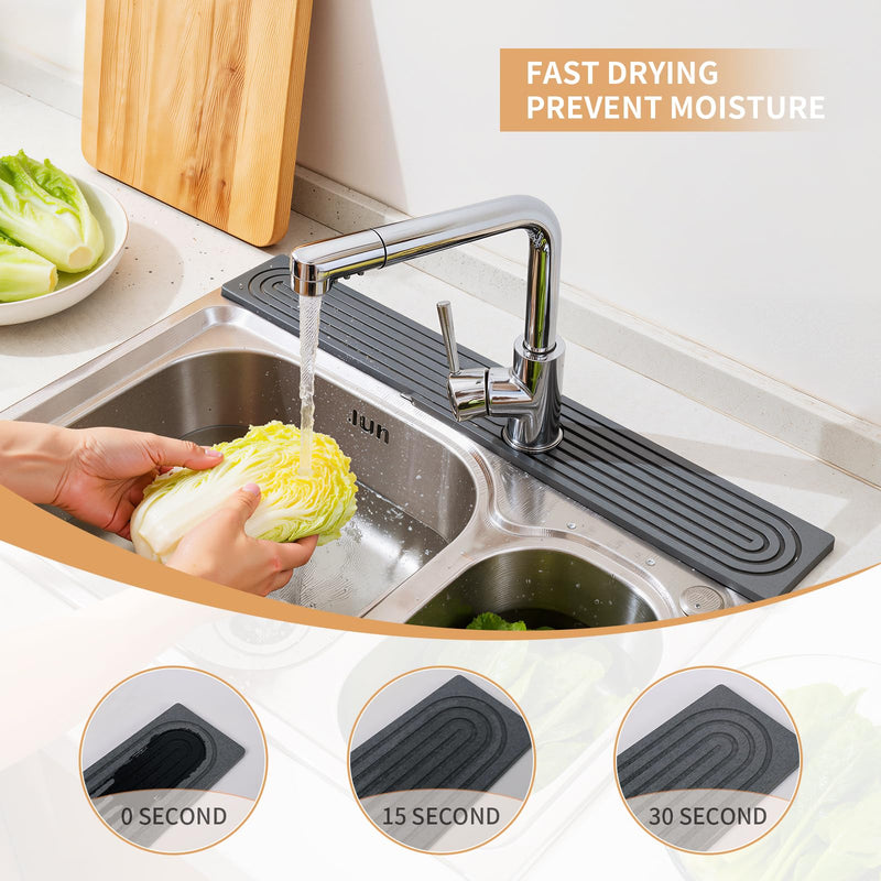 Stone Faucet Mat for Kitchen Sink - Fast Drying Diatomite Mat, Water-Absorbing Sink Protector & Splash Guard for Kitchen and Bathroom Counters (23.6"x3.9", Dark Grey) Dark Gray
