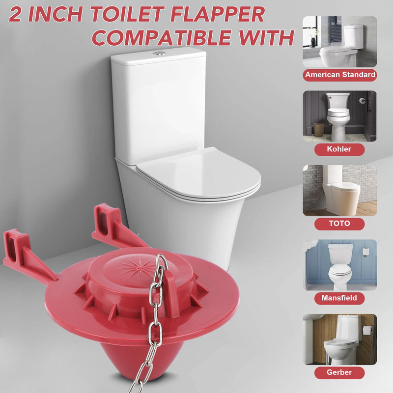 2 Pack 2-Inch Toilet Flapper Replacement Kit High Performance Universal Toilet Tank Flapper with Stainless Chain & Hook, Long Lasting Rubber, Easy to Install Red