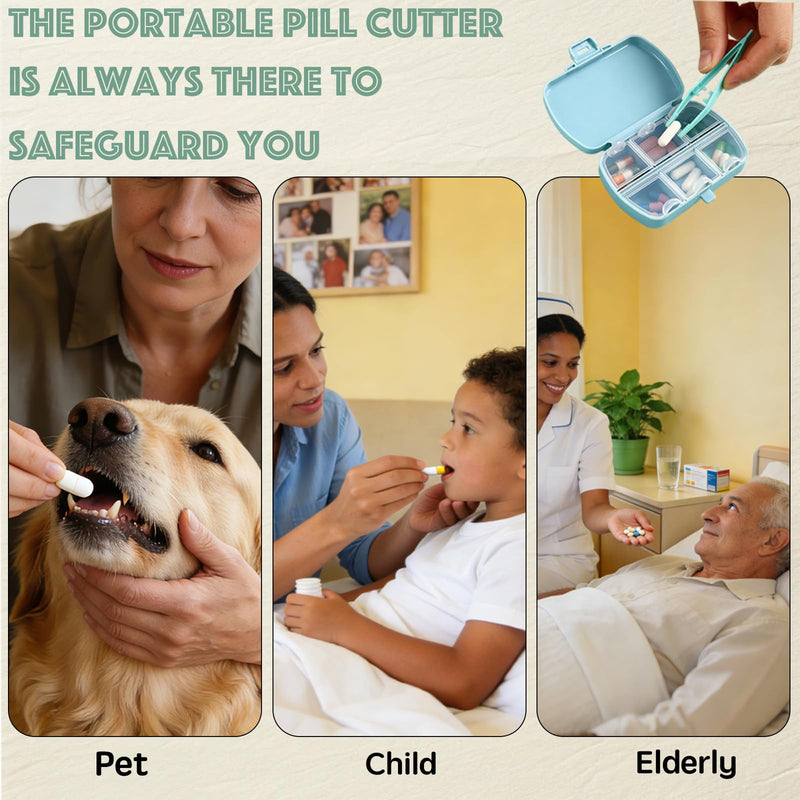 Pill Cutter Splitter - 1/2 1/3 1/4 Tablet Slicer for Tiny Large Pills, Centering Device, Stainless Steel Blade, Pill Crusher for Fine Powder, Portable with Storage Bag, Tweezers & Cleaning Brush