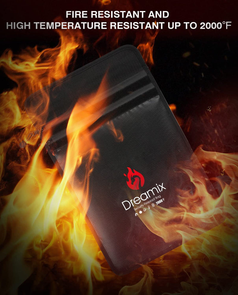 Dreamix Fireproof and Waterproof Document Bag Safe Storage Valuables Cash Jewelry Legal Documents File Upgraded Two Pockets Fireproof Money Bag (Black) Black