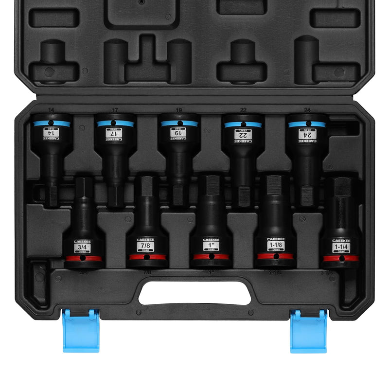 3/4" Drive Master Impact Hex Bit Socket Set, 10 Pieces Allen Bit Socket Set, Cr-Mo, SAE/Metric, 3/4" - 1-1/4", 14mm - 24mm, Heavy Duty Storage Case