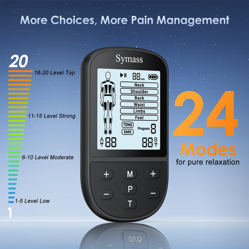 TENS Unit Muscle Stimulator, EMS Massager Machine, Dual Channel Electronic Pulse Physical Therapy Machine for Back Pain Relief, Shoulder Recovery, Muscle Relaxation, 24 Modes,10 TENS Unit Pads,Black Black