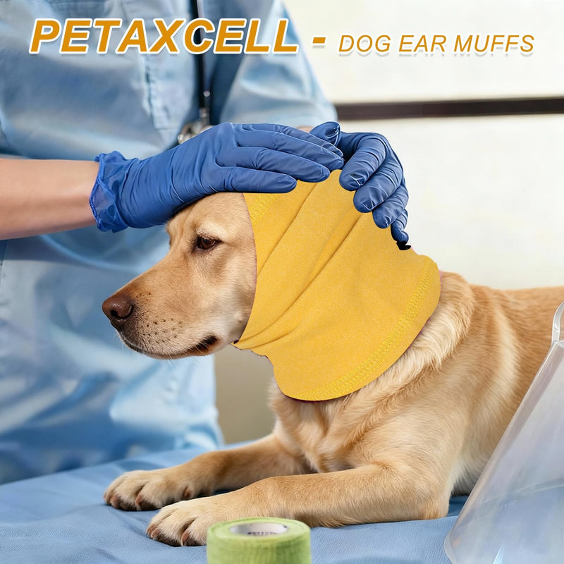 Dog Head Wrap, Cat Ear Wrap Ear Muffs Quiet Head Cover Sleeves Anxiety Ease Head Protection No Shake, (Yellow, L), Intended for Pet Grooming/Force Drying/Fireworks Yellow