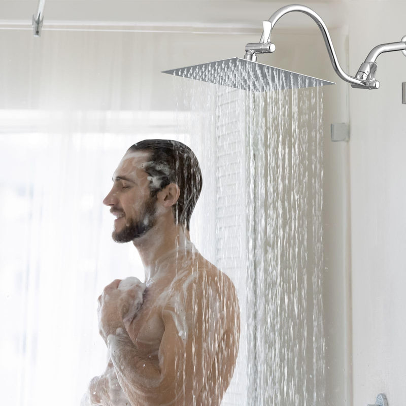 Voolan 10" Square Rain Shower Head with 14" Extension Arm, Adjustable Angle and Height, Stainless Steel Bathroom High Pressure Rainfall showerhead, 2.5GPM Chrome
