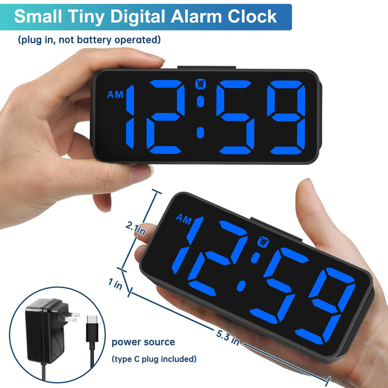 Peakeep Small Digital Alarm Clock Plug in for Bedrooms Bedside, Tiny Electric Clock Large Big Numbers Display with Battery Backup for Desk Table, 6 Dimmers, 5 Adjustable Alarm Volumes (Blue) Blue
