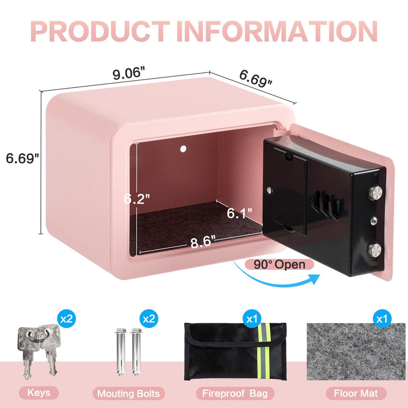 0.23 Cubic Feet Safe Box, Small Safe W/Fireproof Bag, Keys & Pass Code, Digital Electronic Security Money Box for Cash, Document, Home, Office, Hotel Use, Pink, 6.69"D x 9.06"W x 6.69"H 0.23 Cubic Feet