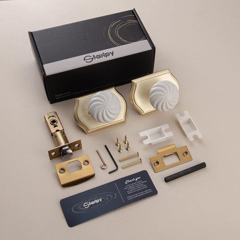 Brushed Gold Door Knobs Interior for Privacy Bath & Bedroom | Zinc Camelot Trim, Gold & White Flower Style