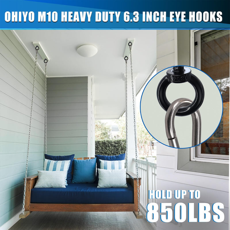 OHIYO 6.3 Inch Heavy Duty Eye Hooks M10 Self Tapping Eyelet Screw Load Capacity 850 LBS Heavy Duty Screw in Eye Hooks for Hammock Stand, Swing Chair, Yoga, Heavy Indoor & Outdoor Uses (Black) Black