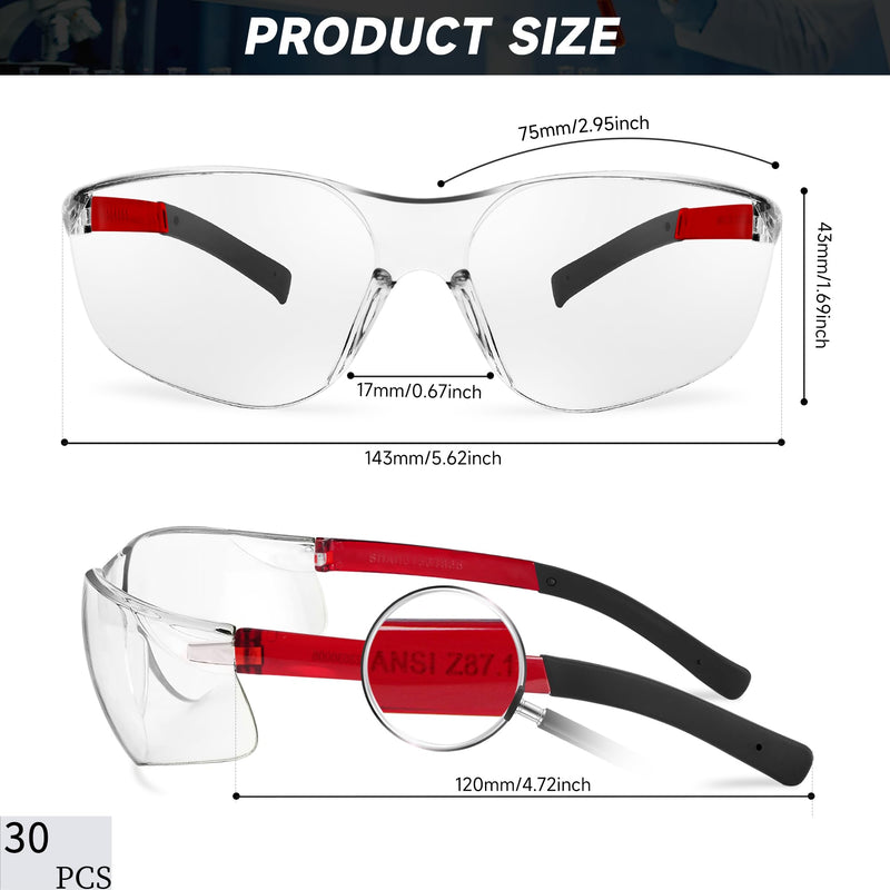 Safety Glasses for Men Women ANSI Z87.1 Safety Glasses Bulk Protective Eyewear Scratch-Resistant 30pcs-118-red Leg
