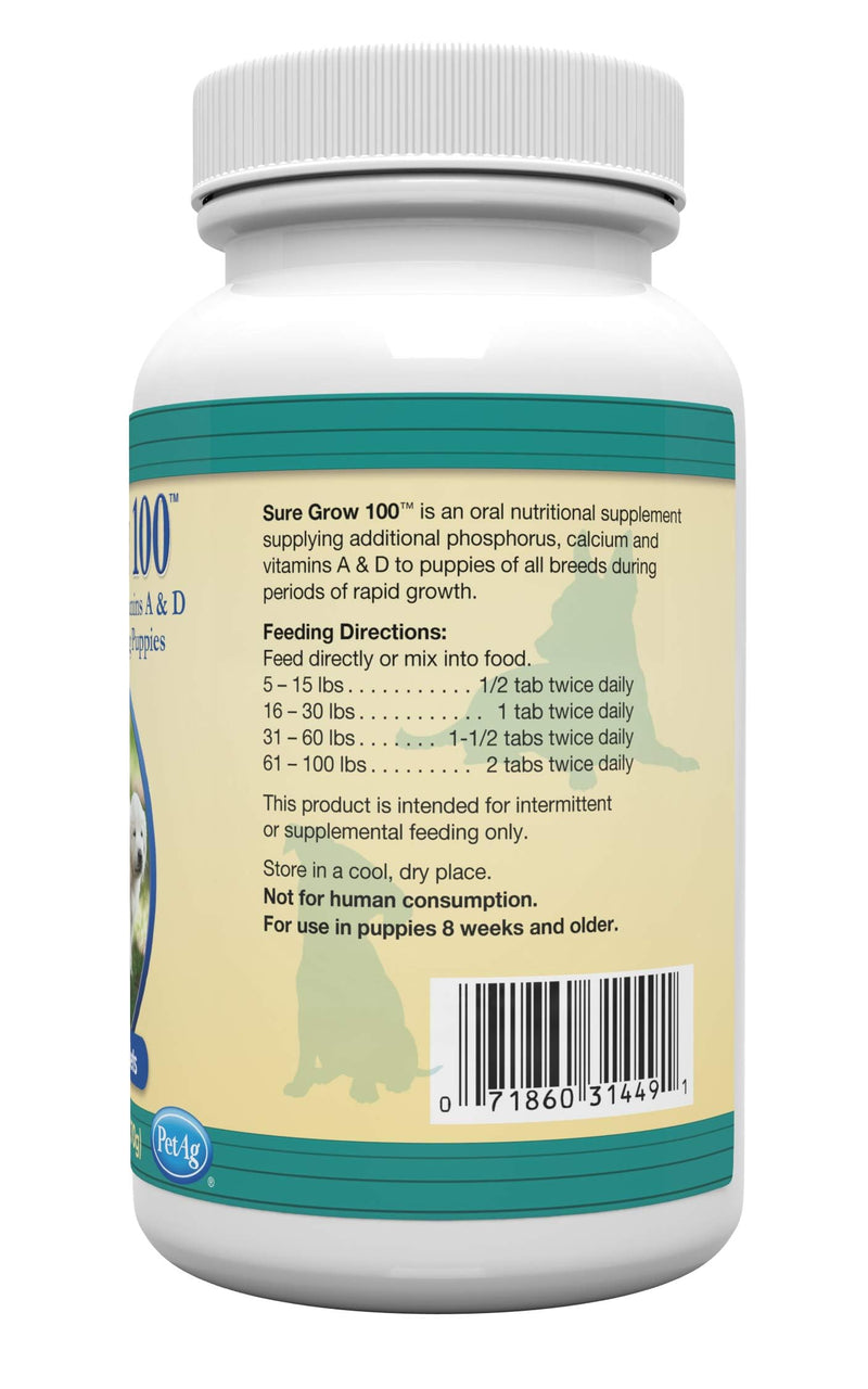 Pet-Ag Sure Grow 100 - Promotes Optimal Bone Development in Puppies Eight Weeks and Older - With Calcium, Phosphorus, and Vitamins A & D - 100 Chewable Tablets