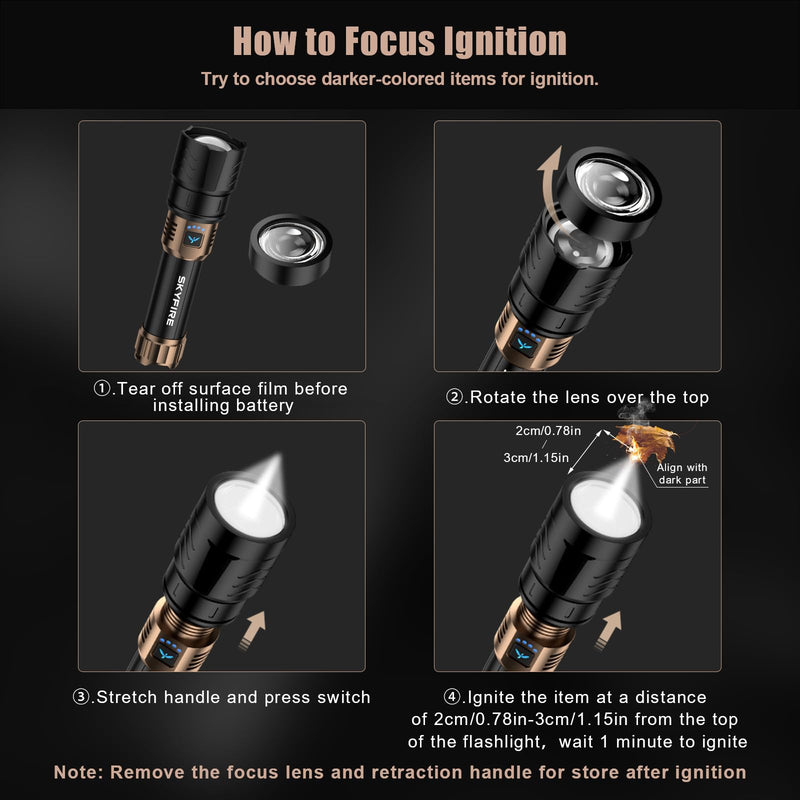 SKYFIRE LED Flashlights High Lumens with Ignition Lens,2000lm Super Bright Rechargeable Flashlight, Zoomable,Four Modes,Waterproof Tactical Flash Light for Camping Essentials,Outdoor and Home,Gift Rechargeable Flashlight-Black & Gold with Ignition Lens
