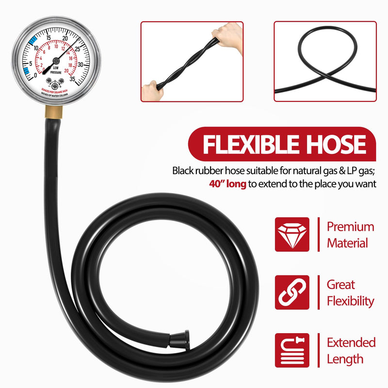 Natural Gas or LP Gas Manifold Pressure Test Kit, LP Gas Pressure Tester, Gas Manometer, Natural Gas Meter, with 1/8” NPT Brass Connector, 40" Hose, 0-35" W.C