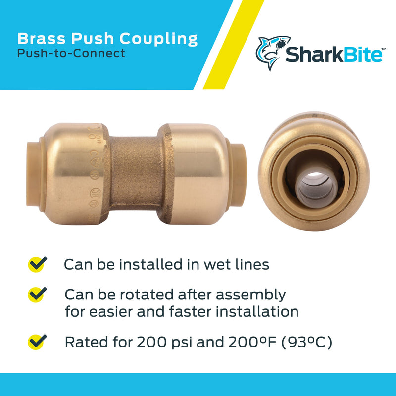 SharkBite 3/8 inch Coupling, Pack of 6, Push to Connect Brass Plumbing Fitting, PEX Pipe, Copper, CPVC, PE-RT, HDPE, U006LF 3/8 in., 6 Pack