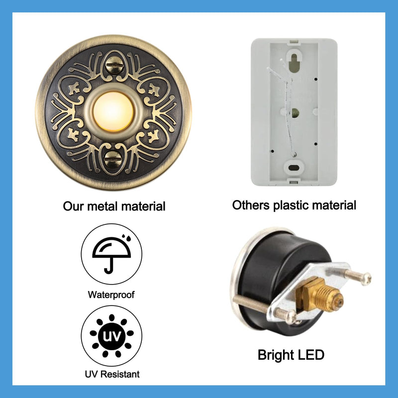 Metal Doorbell Push Button, Bronze Wired Lighted Up LED Doorbell Button-53 1Pcs Round Bronze Doorbell Push Button