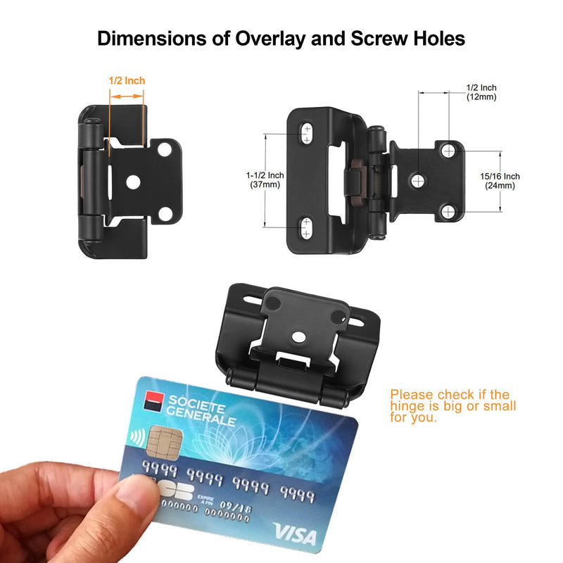 4 Pack (2 Pair) Matte Black Cabinet Hinges for Kitchen Cabinet Door, Partial Wrap Self Closing 1/2" Overlay Kitchen Cabinet Hinges, Semi Hidden Cabinet Hinge for Cabinet Doors 4
