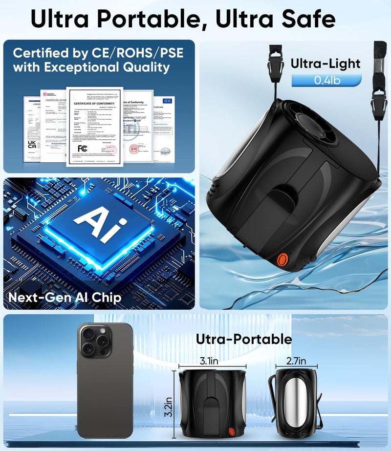 AI Portable Waist Fan, 6 Speeds 16000RPM Strong Turbo Airflow, 40H Max Cooling Battery Powered Personal Fan Rechargeable, Hands-Free Shirt/Belt/Neck Fan for Work, Outdoor, Travel, Gift for Men Black
