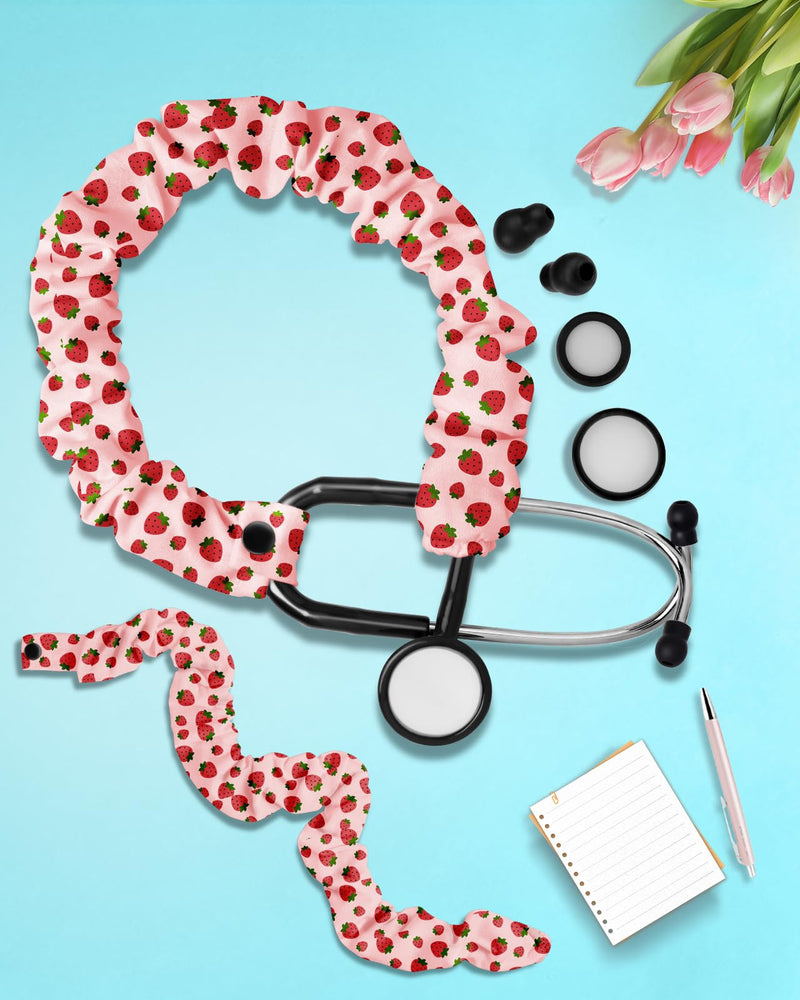 Plifal Elastic Stethoscope Cover Sleeve for Nurse Doctors Cuff Accessories - Cute Strawberry Pleated Design, Fits Most Dual-head Removable & Single-head Stethoscopes, Comes with Diaphragms & Earplugs pink