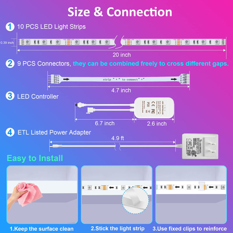 maylit 10 PCS Smart RGB Under Cabinet Lights Kit, Compatible with Alexa and Google Assistant, App and Remote Control, Music Sync Color Changing, Timer, Dimmable, for Cabinet, Counter, Shelf, Bookcase 16.4FT