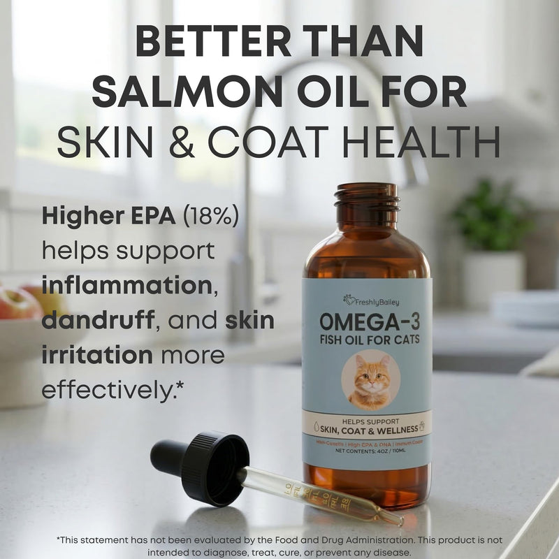 Omega 3 Fish Oil for Cats from Wild Caught Fish - Promotes Healthy Skin, Shiny Coat, & Strong Joints - Minimizes Cat Dandruff - 4 oz Approx. 157 Servings - Human-Grade Clean Ingredients