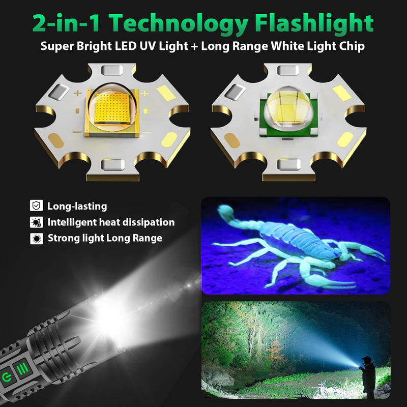 AdamStar UV&High Lumens Flashlight Rechargeable, 2-in-1 Powerful Blacklight LED Flashlight Tactical 6 Modes Super Bright Waterproof Zoomable Detector for Pet Urine Curing Resin Camping 1 Pack