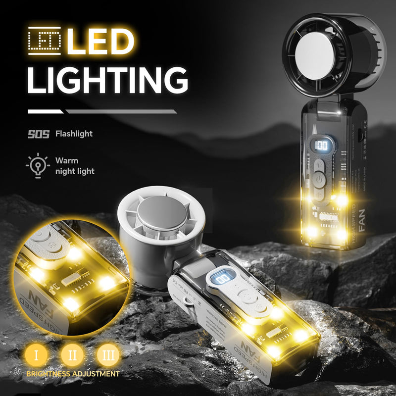 USB-C Rechargeable Cooling Handheld Fan, Portable Mini Turbo Fan with LED Flashlight & Cold Touch Plate, Foldable with Lanyard for Travel, Office Desk, Personal Quiet Cooling, Indoor/Outdoor Use Black