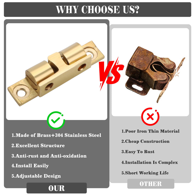 Alise Double Roller Catch Cabinet Latches,Adjustable Double Ball Tension Roller Catch Latch Brass Cabinet Door Latch,67mm Solid Brass Cabinet Latches and Catches,Pack of 4 67mmX40mm Gold