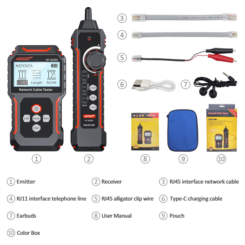 Network Cable Tester NF-8209S, Wire Tracer with PoE and NCV, Cable Length QC SCAN Cont Flash Tester, LAN/Ethernet Tester for CAT5, CAT6, Lithium Battery, LED Lighting NF8209S