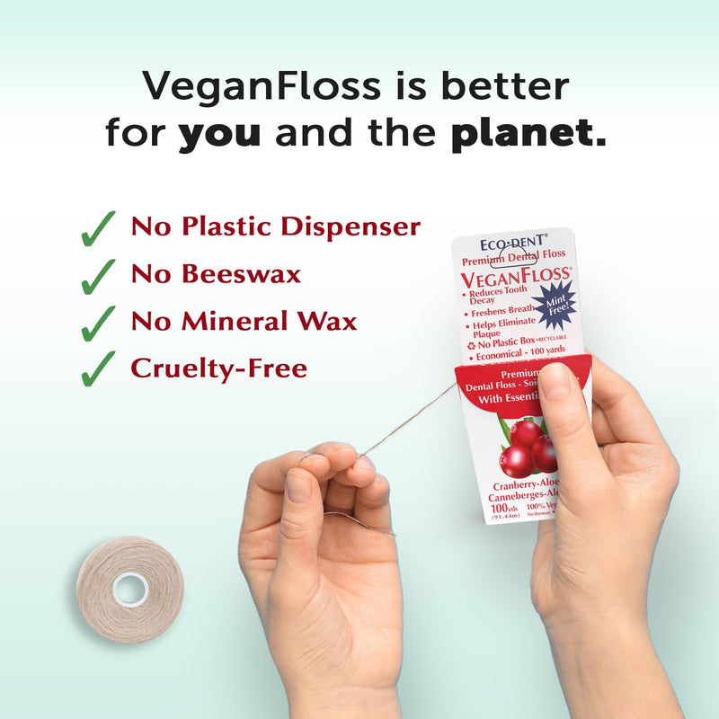 Eco-Dent VeganFloss Dental Floss, Waxed, Cranberry-Aloe - Floss with Vegan Plant-Based Wax, Recyclable Cardboard Packaging, 100 Yds (Pack of 6) 100 Yards (Pack of 6)