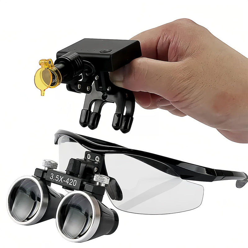 Dental LED Headlamp, Cordless 5W, Rechargeable Battery, Universal Clip, 3 Adjustable Joints, 4 Brightness Levels, Compatible with Loupes