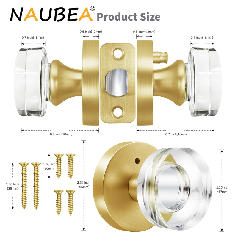 Glass Door Knobs Gold Door Knob Interior Satin Brass Privacy Door Knob for Bedroom and Bathroom Crystal Door Knob 1 Pack Privacy