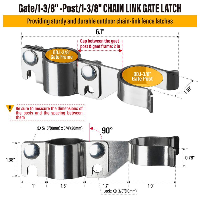1-3/8" x 1-3/8" Chain Link Gate Latch Heavy Duty Stainless Steel Fence Gate Fork Latch Hardware with Padlock Hole 2pcs 1-3/8"x1-3/8" 2