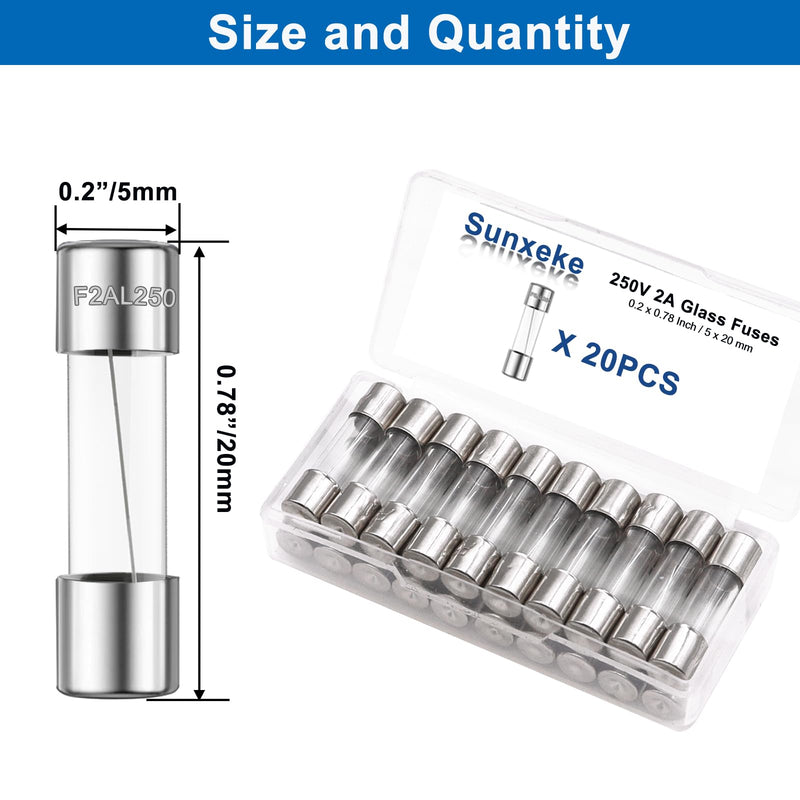 20PCS F2AL250V 5 x 20mm Fast Blow Glass Fuses 2A 2Amp 250V Glass Fuse,0.2 x 0.78 Inch