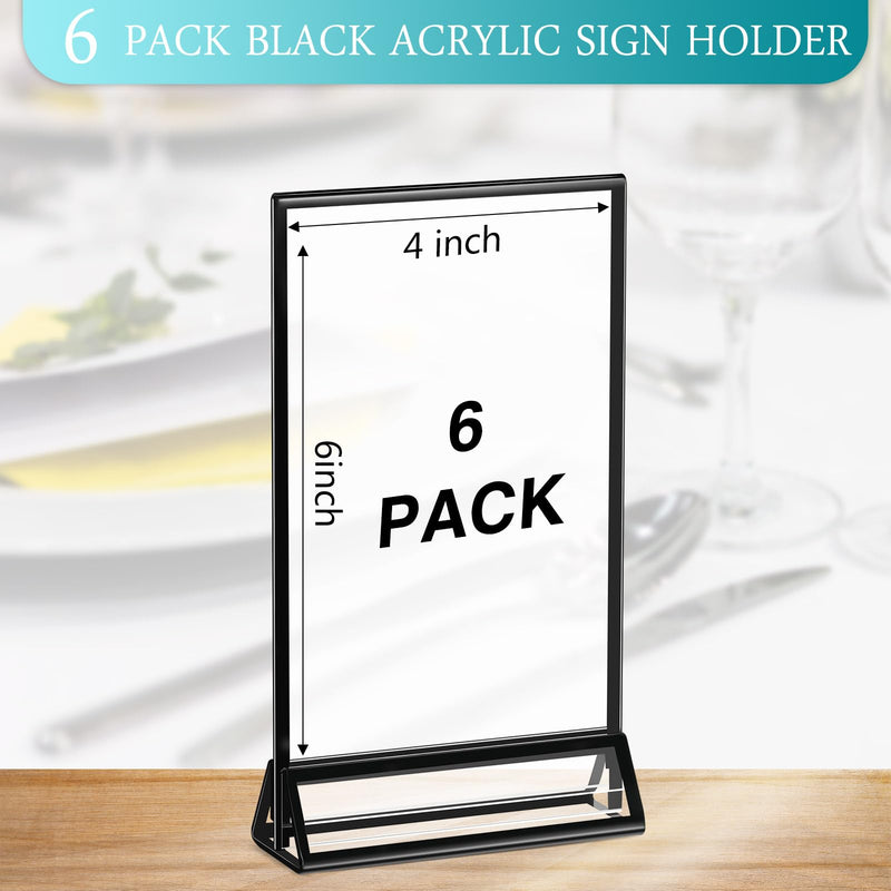 Zonon 6 Pack 4 x 6 Inch Clear Acrylic Sign Holder with Borders and Vertical Stand, Double Sided Table Menu Holders Picture Frames for Restaurant Signs, Valentine's Day Party Table Numbers