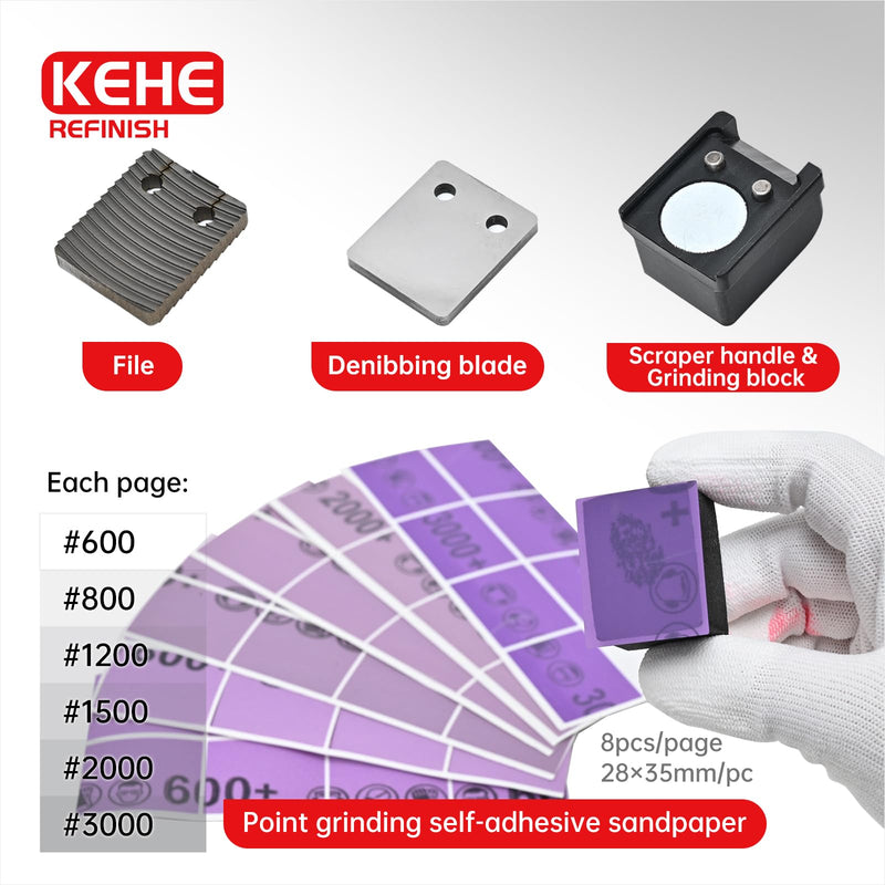 Automobile Spray Paint Point Repair Scraper with Removable Handle,Carbide Tungsten Repair Scraper Tool Paint File for Edge Banding, Denibbing, and Spot Repair Double-hole+handle+box+sandpaper