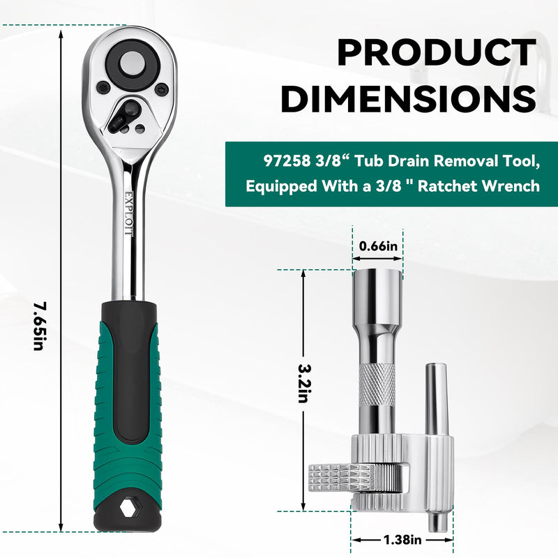 97258 3/8“ Tub Drain Removal Tool, Equipped With a 3/8" Ratchet Wrench, for Bathtub, Drains, Household Sewers, Bathroom Sink Drains, Kitchen Sink Drains, etc Plumbing Repairs ﻿