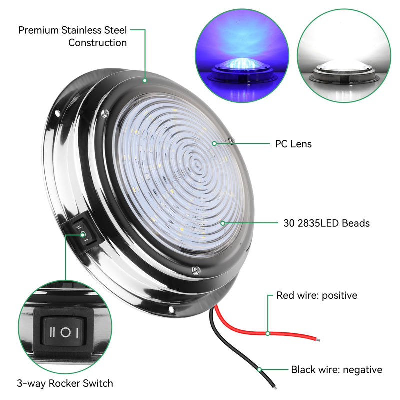 Marine Boat Dome Light Dual Color 7" 12V LED Boat Cabin Light With Toggle Switch, Super Brightness Boat Interior Lights with Stainless Steel Surface Mount (White/Blue) White/Cool Blue